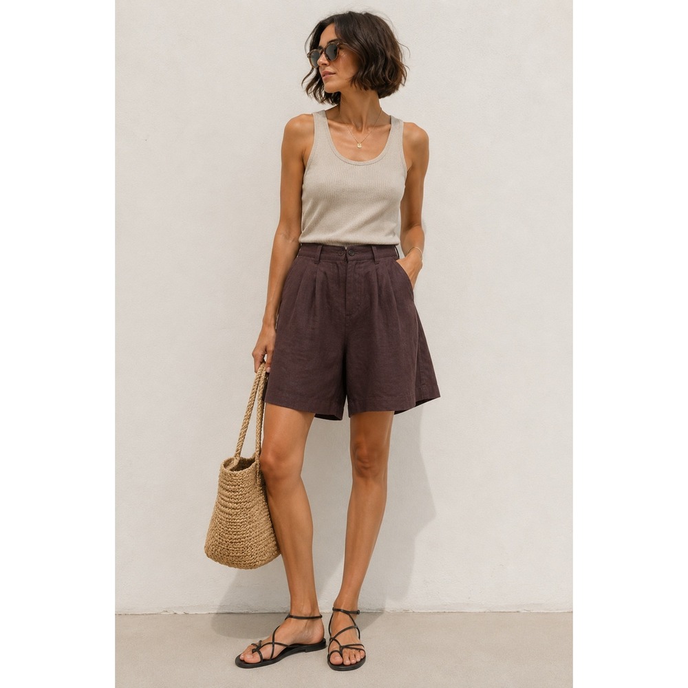 Madewell Linen Pleated Shorts Brown High Rise Elastic Back Size 16